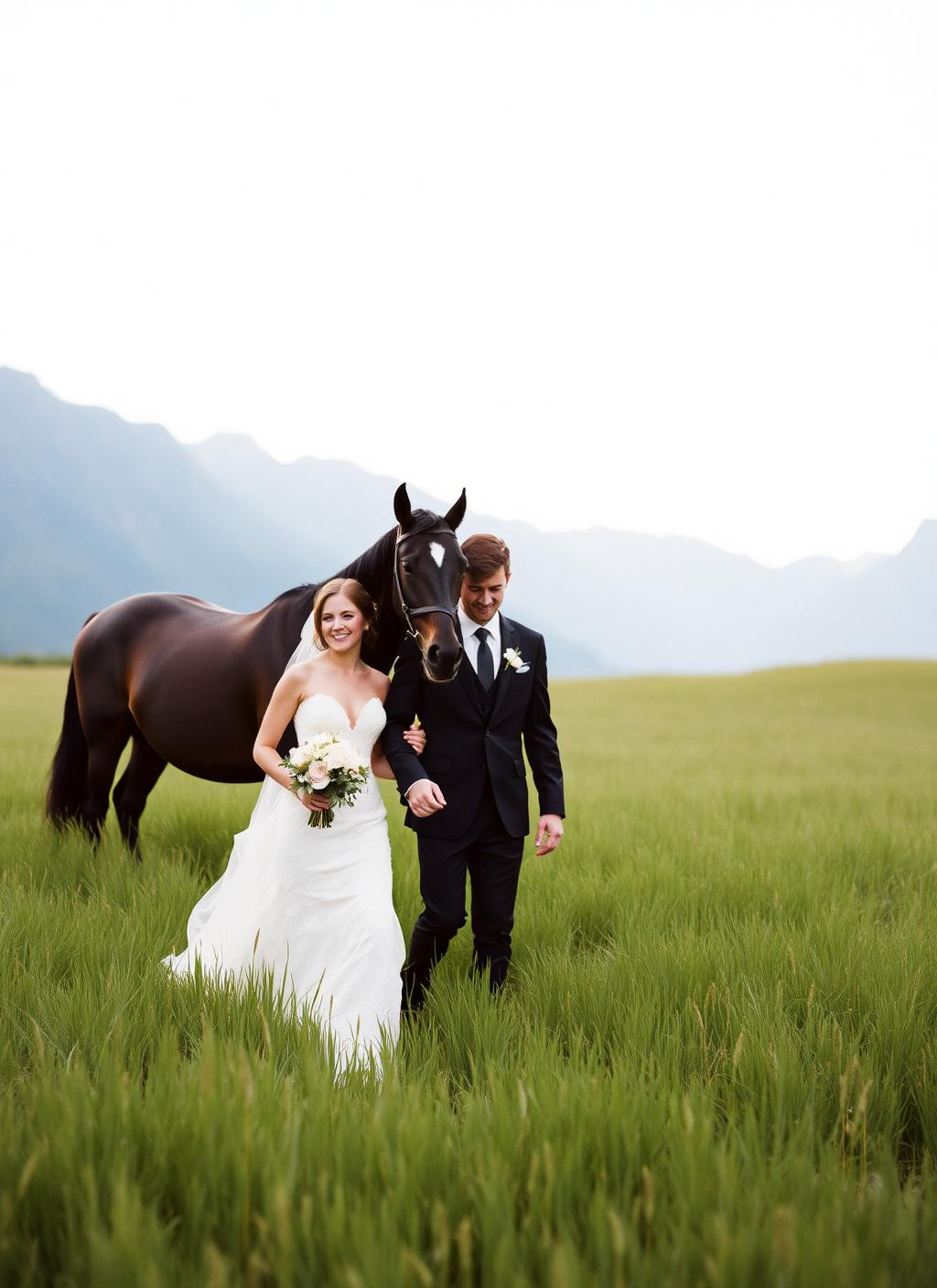 Bride and groom walking a green meadow with a horse