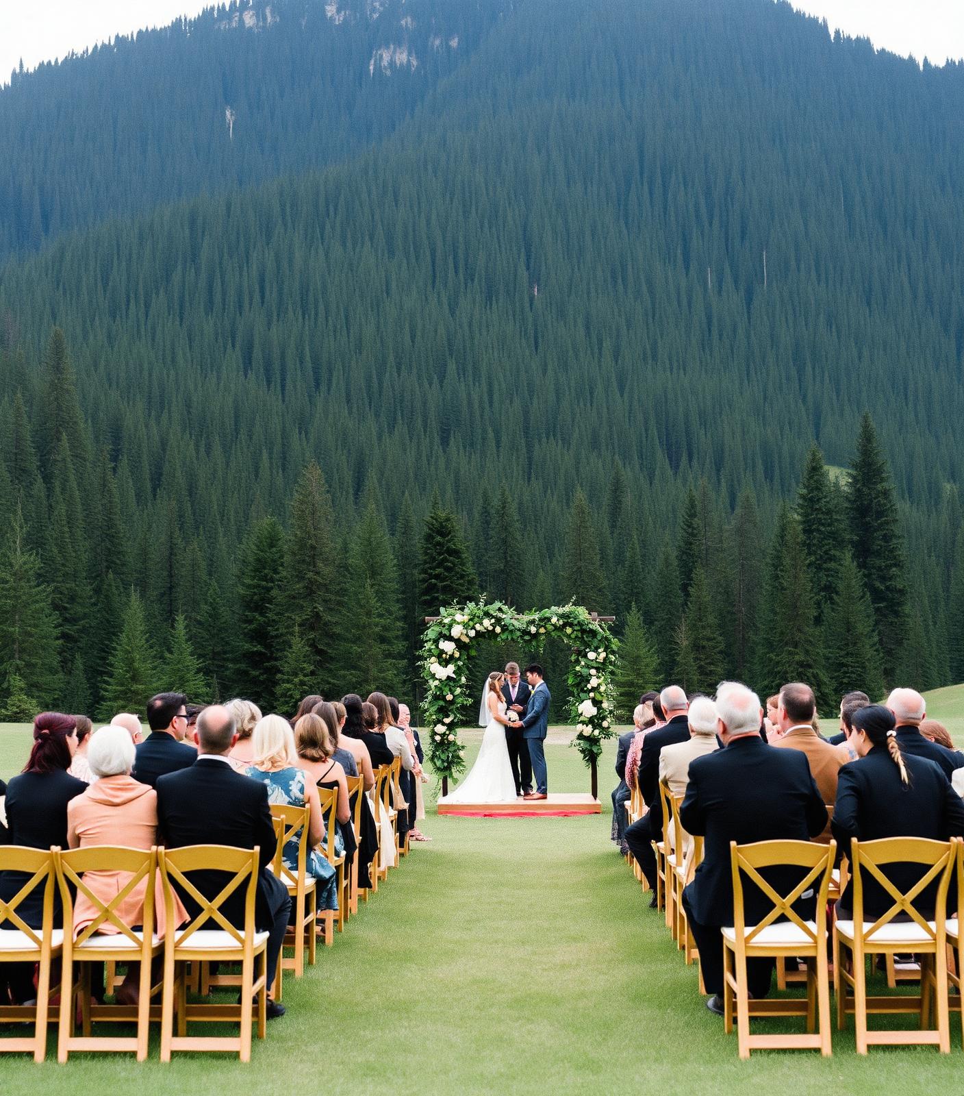 Mountain meadow ceremony with guests seated